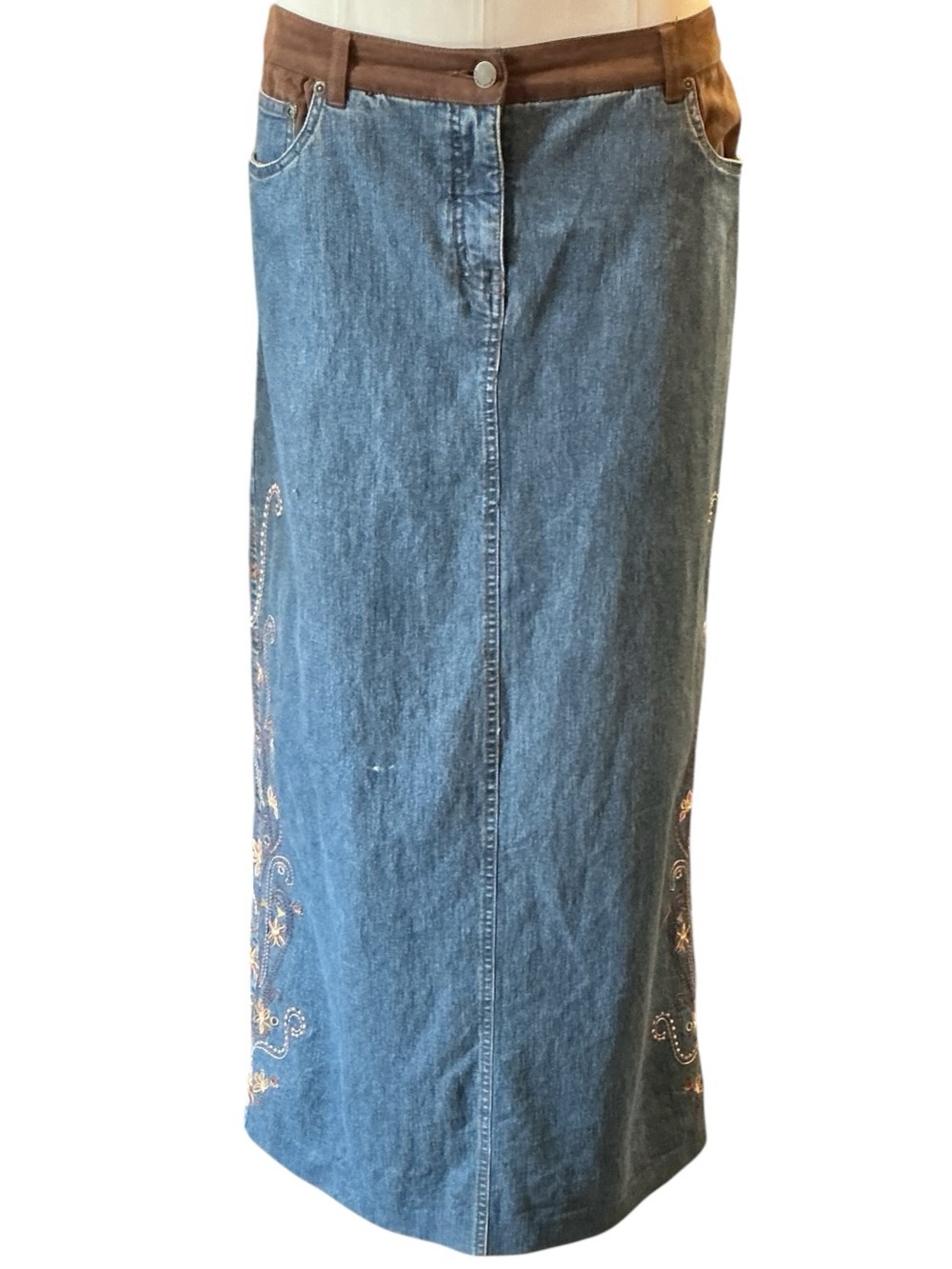 Vintage Point Zero Jeans Brown Floral Embroidered Denim Maxi Skirt